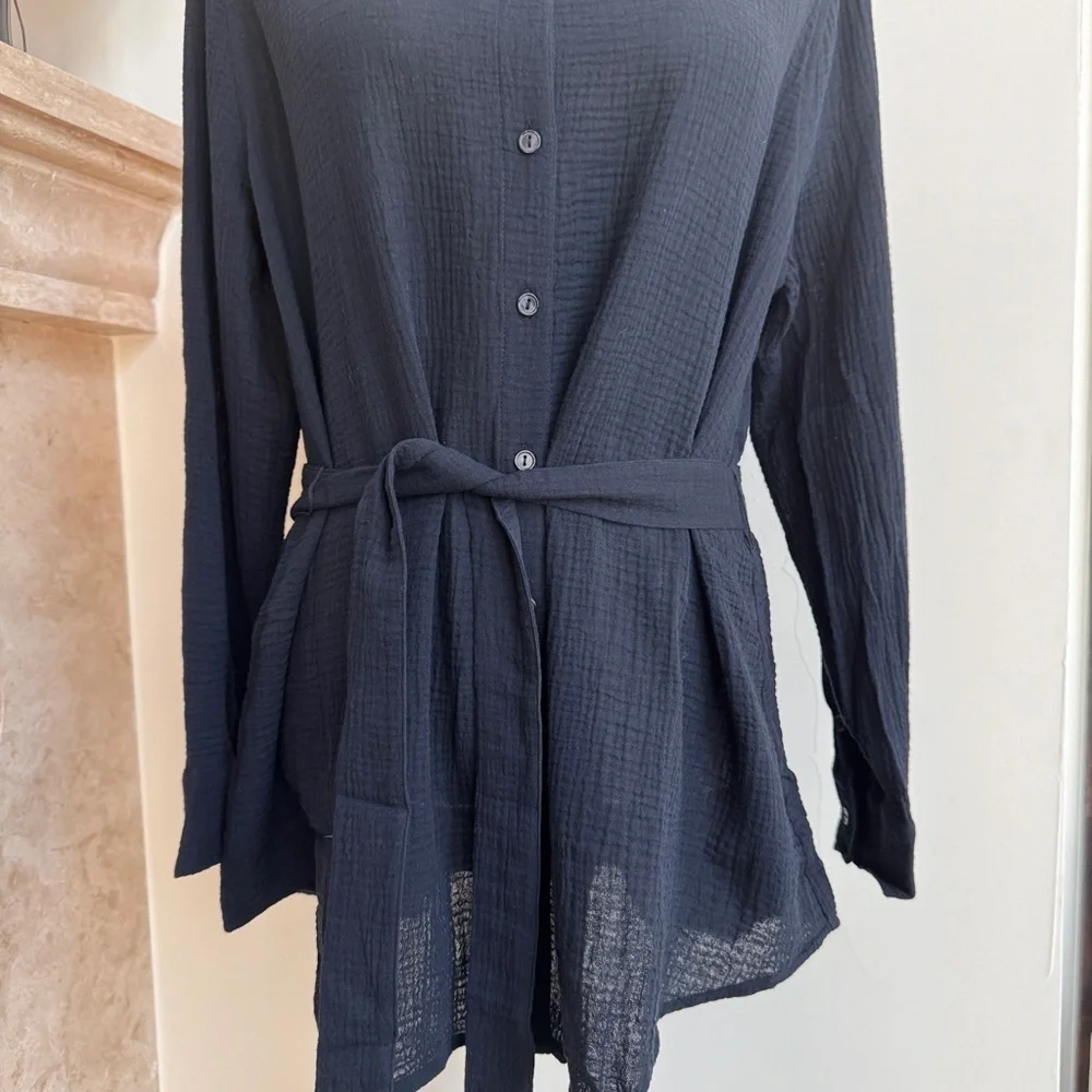 Andie Swim The Corvo Black Button Up Collared Long Sleeve Womens Size S Belted